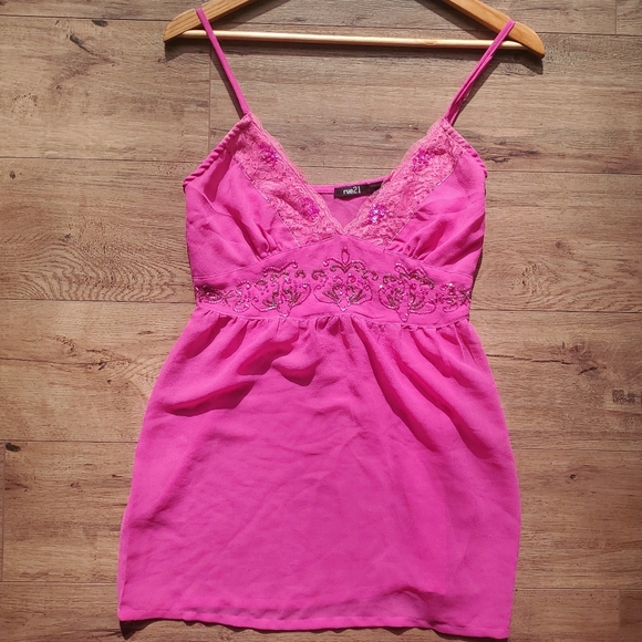 Rue21 Tops - VINTAGE Y2K Sheer Pink Beaded Babydoll Top